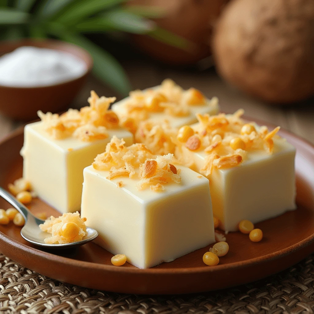 A close-up of Maja Blanca showing its creamy texture with corn kernels inside, topped with grated cheese.