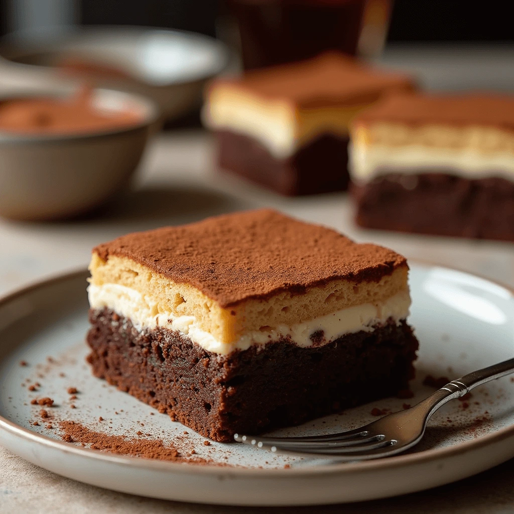 Delicious Tiramisu Brownies with layers of chocolate brownie, mascarpone, and coffee-soaked ladyfingers