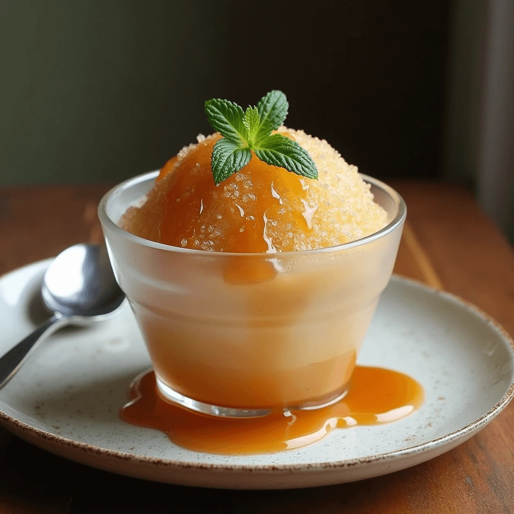 A bowl of caramel granita topped with a caramel drizzle and fresh mint leaves, served on a rustic wooden table.