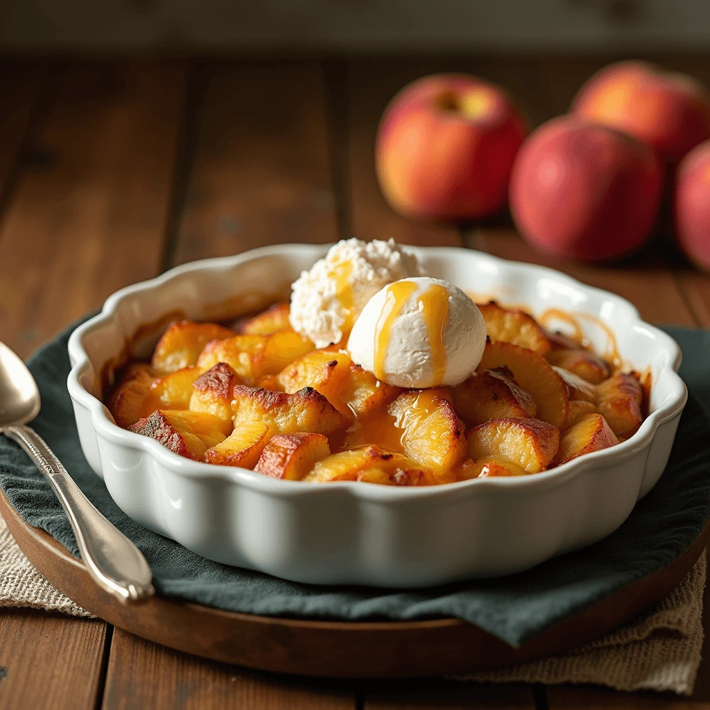 Close-up shot of peach bread pudding with sliced peaches and a drizzle of caramel sauce.