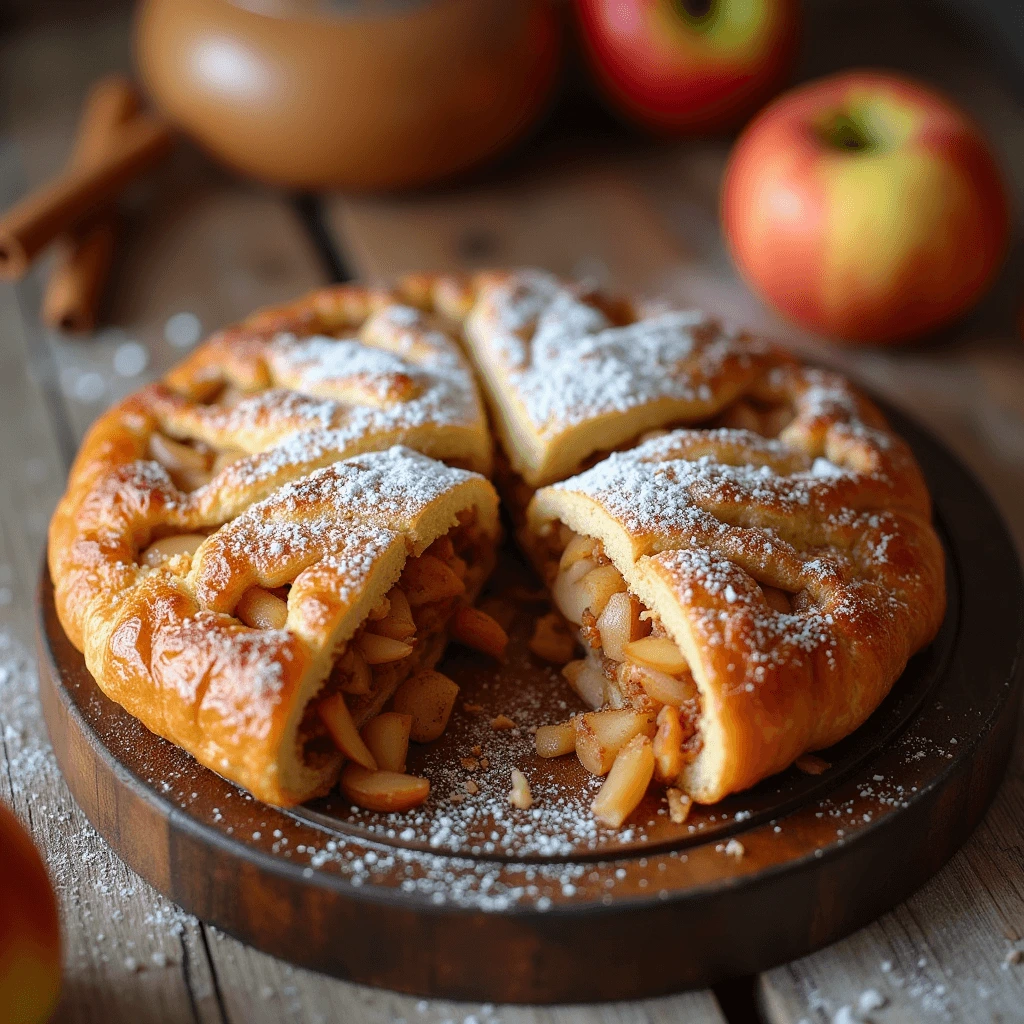 A homemade apple strudel with apples and cinnamon sticks on the side, creating a warm and cozy baking scene.