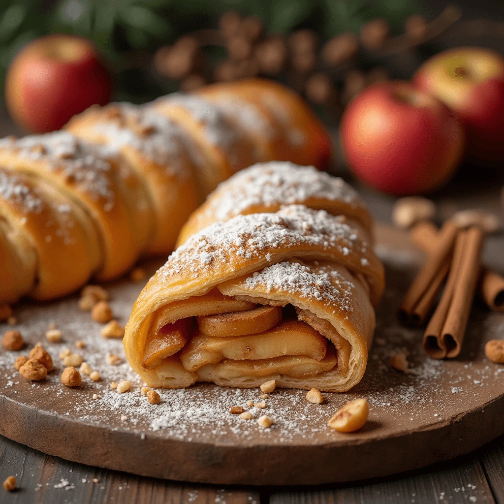 A freshly cut slice of apple strudel on a plate, showing its crispy crust and soft, spiced apple filling.