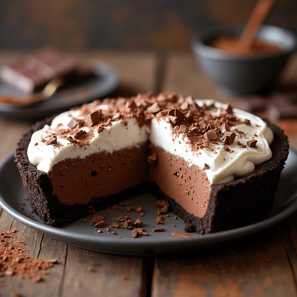 A slice of Mississippi Mud Pie on a plate, showing its fudgy layers with a dollop of whipped cream and chocolate shavings.