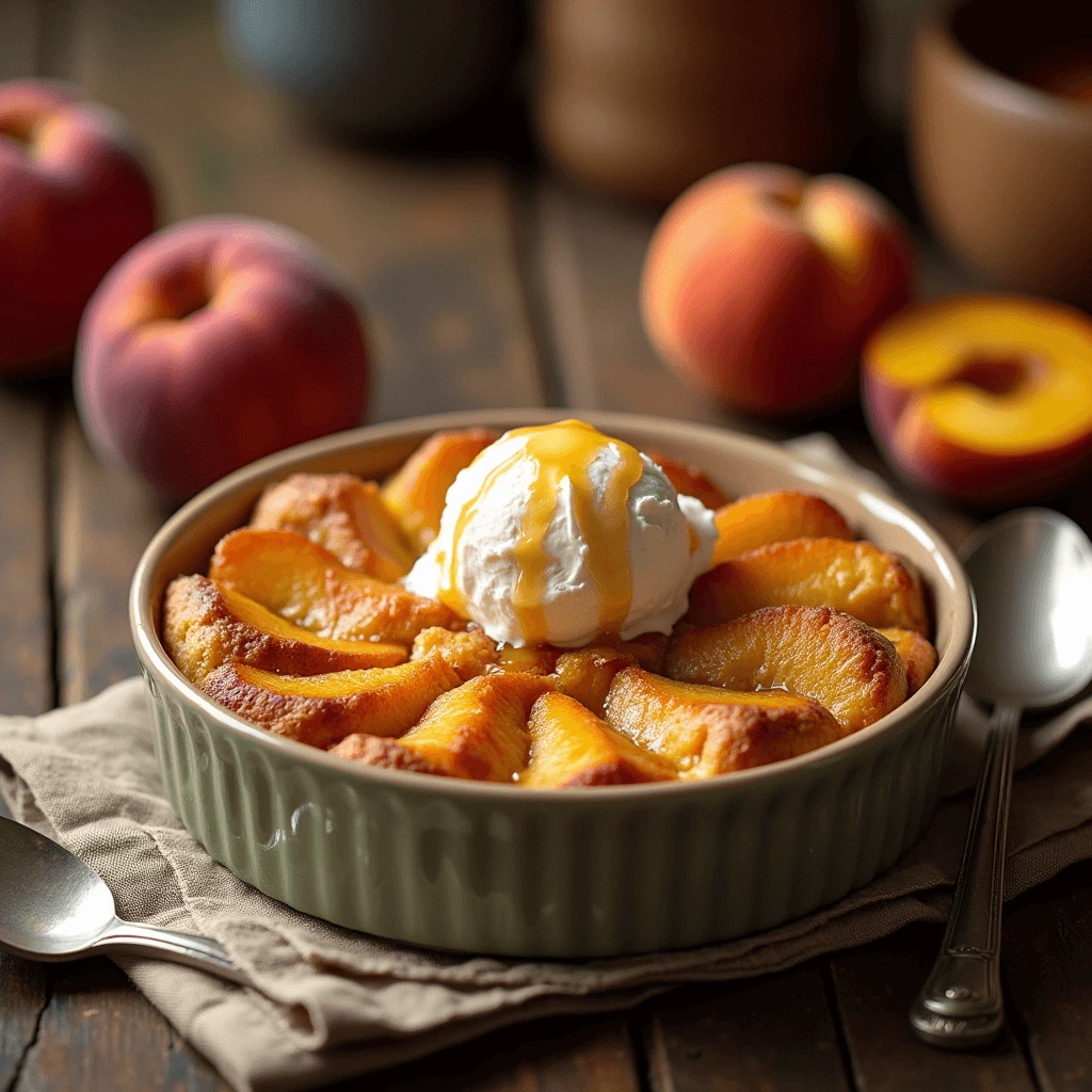 Freshly baked peach bread pudding with golden top, sliced peaches, and vanilla ice cream on top.