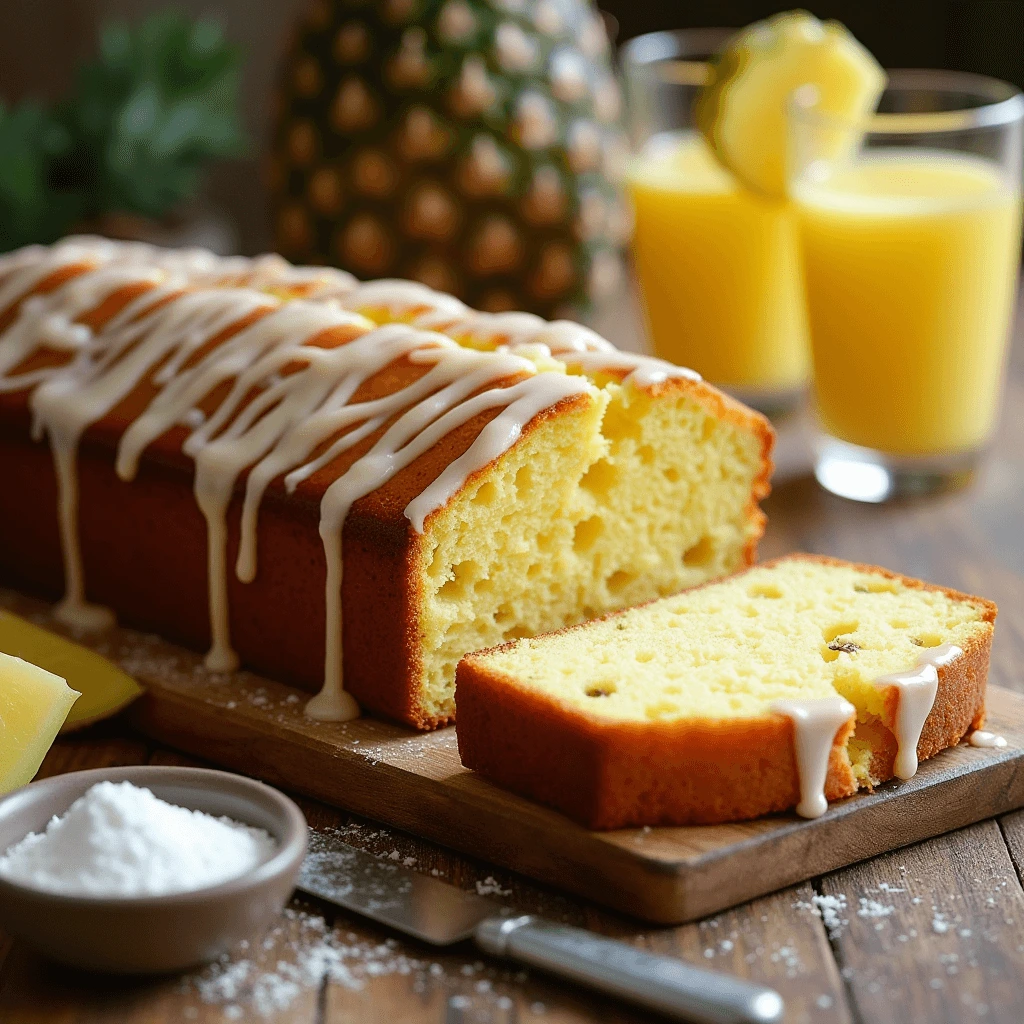 Freshly baked pineapple pound cake with a golden brown crust on a white ceramic plate, topped with a light pineapple glaze.